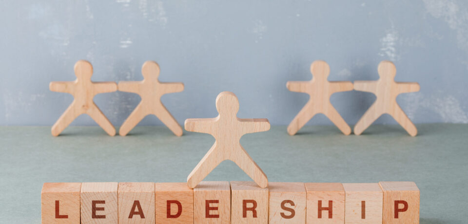Team building and business concept with wooden blocks with words on it, wooden human figures on sage color background side view. horizontal image Leadership vs Management